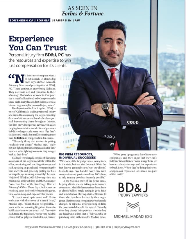 Image for Michael Madadi and BD&J, PC Spotlighted by Forbes & Fortune for Transforming Personal Injury Law in California